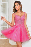 Stylish A Line Spaghetti Straps Pink Short Formal Dress with Appliques