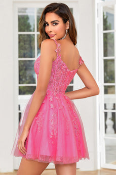 Stylish A Line Spaghetti Straps Pink Short Formal Dress with Appliques