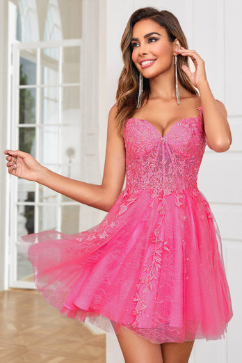 Stylish A Line Spaghetti Straps Pink Short Formal Dress with Appliques