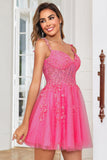 Stylish A Line Spaghetti Straps Pink Short Formal Dress with Appliques