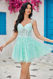 Unique A Line Spaghetti Straps Mint Short Formal Dress with Appliques