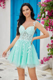 Unique A Line Spaghetti Straps Mint Short Formal Dress with Appliques