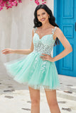 Unique A Line Spaghetti Straps Mint Short Formal Dress with Appliques