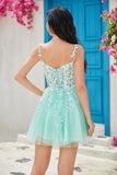 Unique A Line Spaghetti Straps Mint Short Formal Dress with Appliques