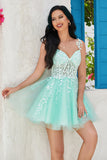 Unique A Line Spaghetti Straps Mint Short Formal Dress with Appliques