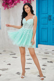 Unique A Line Spaghetti Straps Mint Short Formal Dress with Appliques