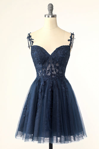 Navy Spaghetti Straps Short Formal Dress with Appliques