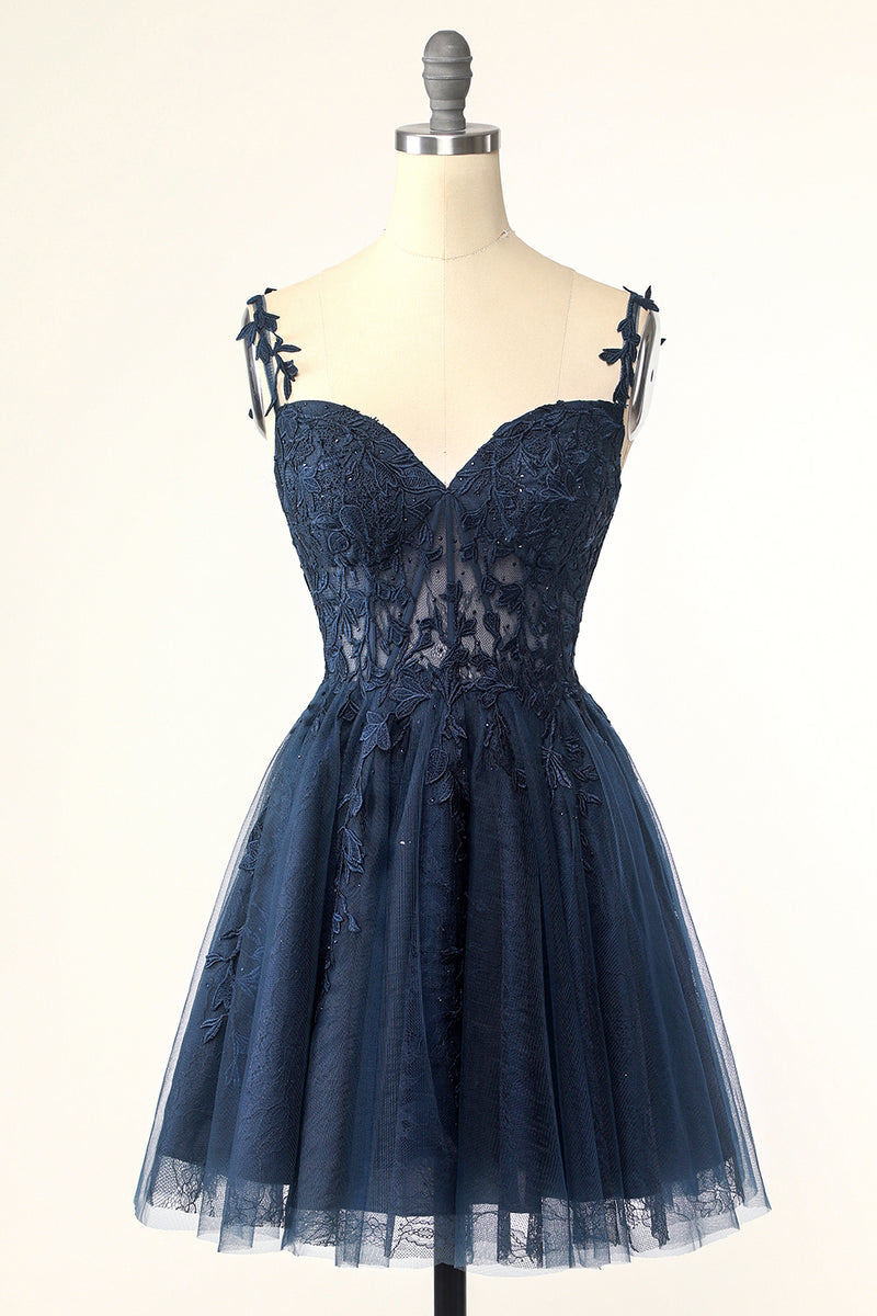 Load image into Gallery viewer, Navy Spaghetti Straps Short Formal Dress with Appliques
