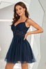 Load image into Gallery viewer, Navy Backless Short Cocktail Dress with Appliques
