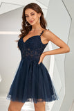 Navy Backless Short Cocktail Dress with Appliques