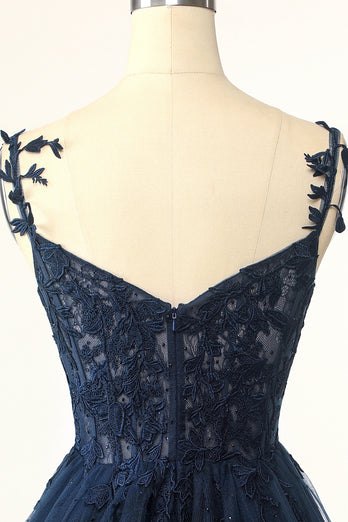 Navy Spaghetti Straps Short Formal Dress with Appliques