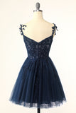 Navy Spaghetti Straps Short Formal Dress with Appliques