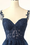 Navy Spaghetti Straps Short Formal Dress with Appliques