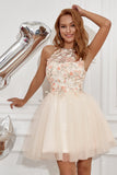 Champagne Halter Short Formal Dress with Embroidery