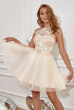 Champagne Halter Short Formal Dress with Embroidery