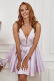 Purple Beading Satin Short Formal Dress with Appliques