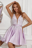 Purple Beading Satin Short Formal Dress with Appliques