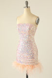 Sky Blue Sequin Short Formal Dress with Feathers