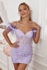 Load image into Gallery viewer, Lavender Off the Shoulder Short Formal Dress with Feathers