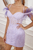 Lavender Off the Shoulder Short Formal Dress with Feathers