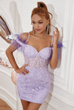 Lavender Off the Shoulder Short Formal Dress with Feathers