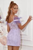 Lavender Off the Shoulder Short Formal Dress with Feathers