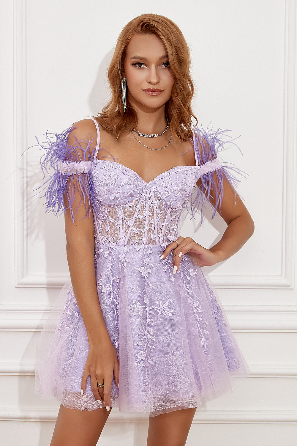 Lavender Off Shoulder Short Formal Dress with Feathers