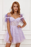 Lavender Off Shoulder Short Formal Dress with Feathers