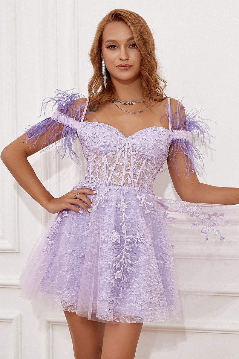 Load image into Gallery viewer, Lavender Off Shoulder Short Formal Dress with Feathers
