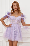 Lavender Off Shoulder Short Formal Dress with Feathers