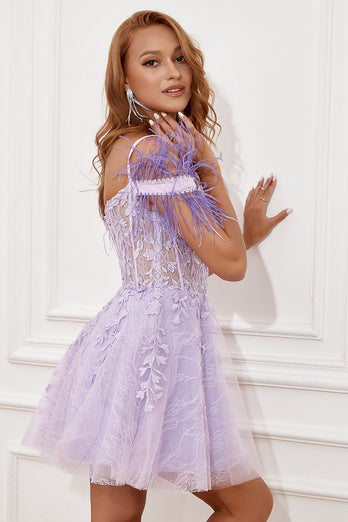 Lavender Off Shoulder Short Formal Dress with Feathers
