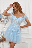 Blue Off Shoulder Short Formal Dress with Feathers