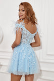 Blue Off Shoulder Short Formal Dress with Feathers