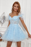 Blue Off Shoulder Short Formal Dress with Feathers