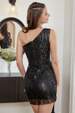 One Shoulder Sequin Little Black Short Formal Dress