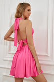 Fuchsia Halter Backless Lace Up Short Formal Dress