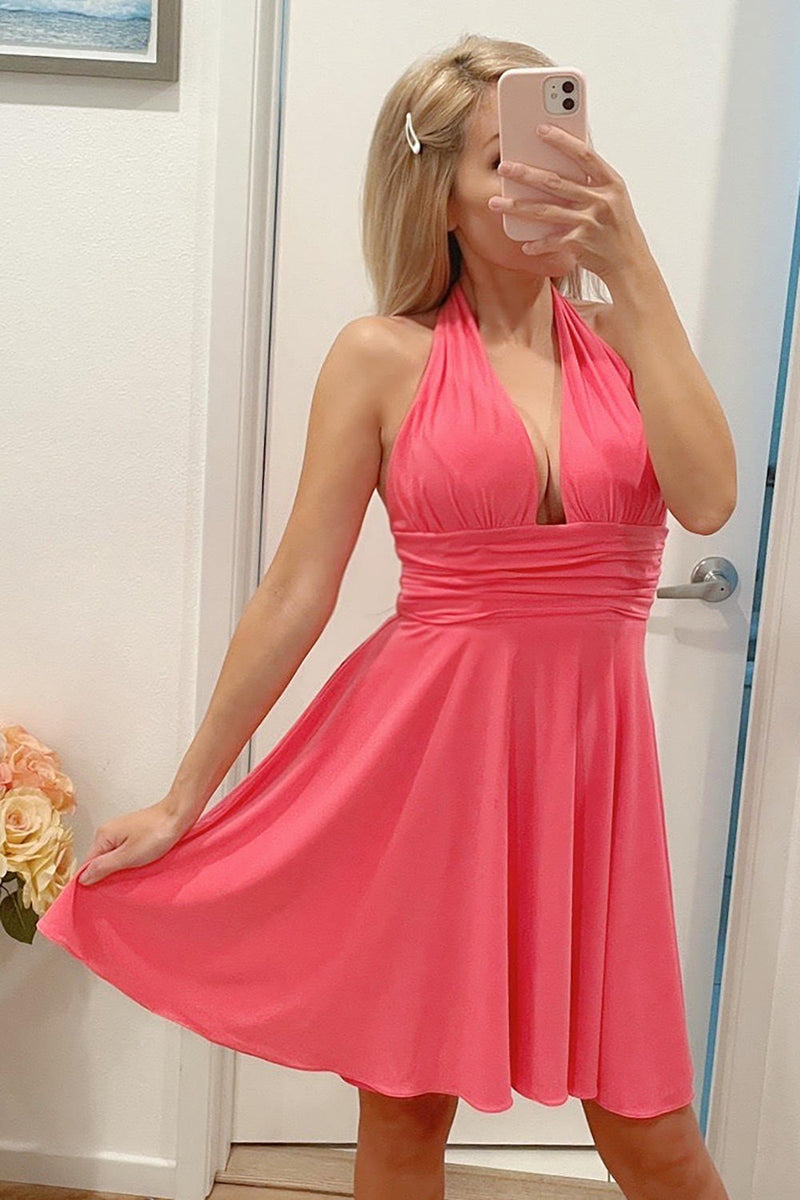 Load image into Gallery viewer, Cute Fuchsia Halter Backless Short Formal Dress