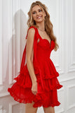 Red Tiered Short Formal Dress With Bows