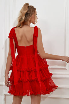 Red Tiered Short Formal Dress With Bows