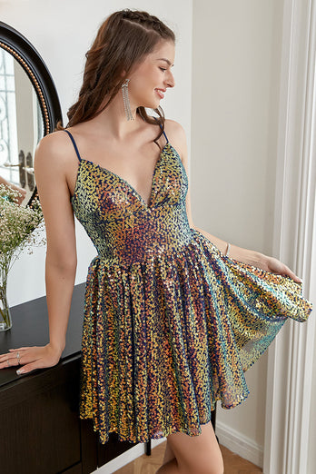 Sequin A-Line Lace-Up Back Short Formal Dress