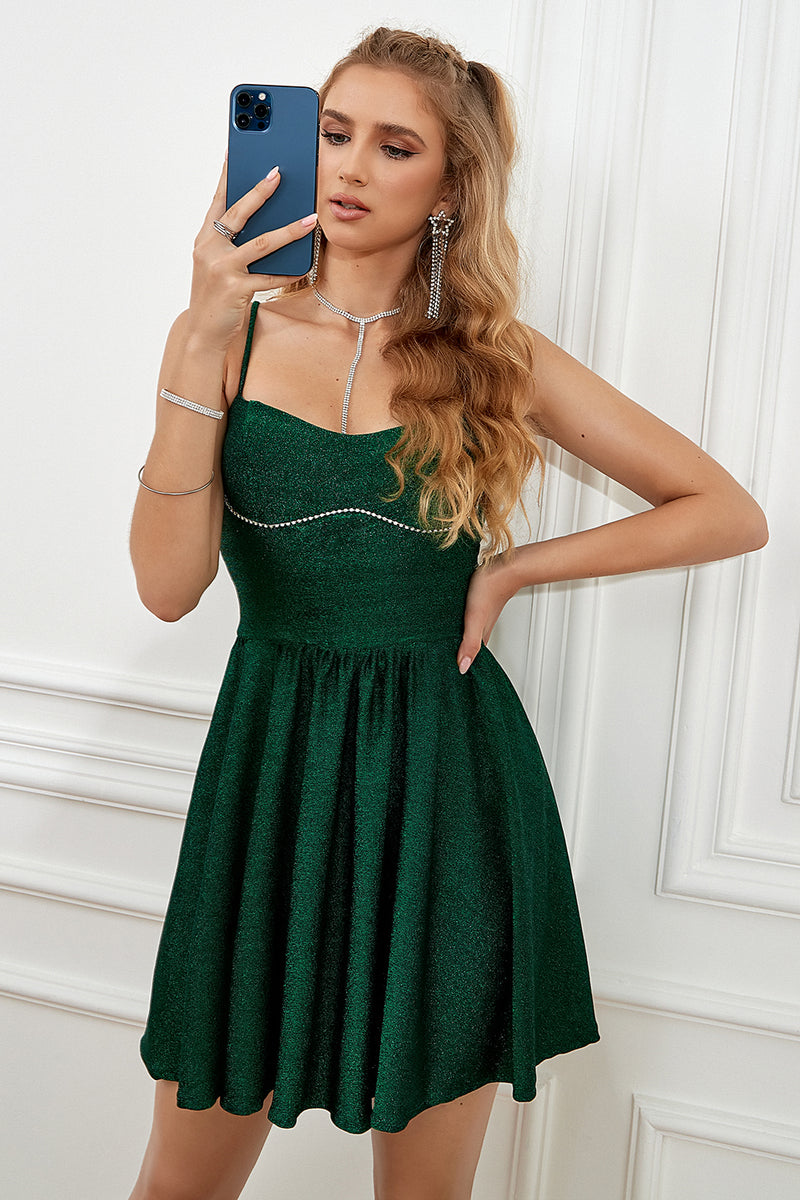 Load image into Gallery viewer, Dark Green Spaghetti Straps A-Line Short Formal Dress