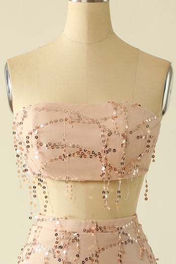 Two Piece Sequins Strapless Pink Short Formal Dress