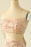 Two Piece Sequins Strapless Pink Short Formal Dress