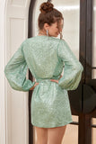 Green Wrap Style Short Formal Dress with Long Sleeves