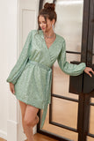 Green Wrap Style Short Formal Dress with Long Sleeves