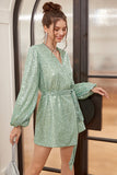 Green Wrap Style Short Formal Dress with Long Sleeves