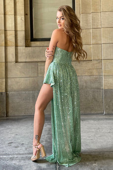 Asymmetrical Light Green Halter Sequined Formal Dress with Keyhole