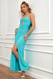 Blue Spaghetti Straps Cut Out Wedding Guest Dress With Bow