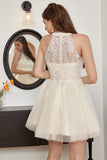 Champagne Beaded Halter Tulle Short Formal Dress