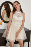 Champagne Beaded Halter Tulle Short Formal Dress